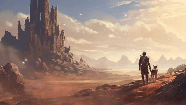 traveler and his dog walking up to an ancient civilization. seamless looping overlay 4k virtual video animation background 