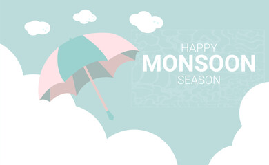 Happy Monsoon season banner template. in pastel color. Umbrella on windy cloudy and rainy background with text. Greeting card, flyer, offer announcement. Vector flat illustration