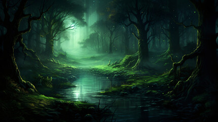 A night dream in a misty fabulous green forest