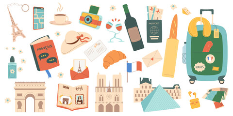 Paris travel set isolated on white background. France tourism trip for adventure and rest. Holiday weekend vacation collection. Attraction and souvenirs bundle. Vector flat illustration