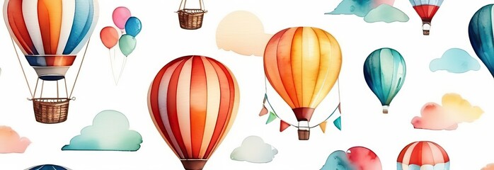 Cute Hot air balloon set. Watercolor retro childish illustrations isolated on white.  - obrazy, fototapety, plakaty