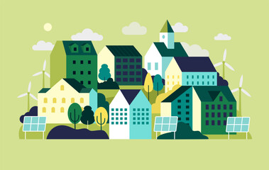Green city. Eco energy home. Urban landscape with ecology solar buildings and windmills. Geometric town. Minimal scenery. Architecture panorama. Vector design cityscape illustration