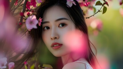 Naklejka premium Portrait of beautiful asian woman with flowers in the garden