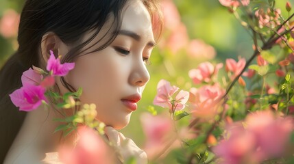 Fototapeta premium Portrait of beautiful asian woman with flowers in the garden