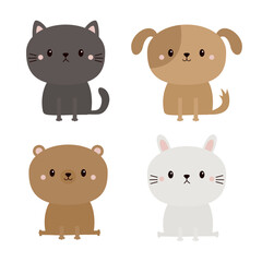 Cat kitten, dog puppy, bunny rabbit, bear icon set. Round face. Cute cartoon kawaii pet baby animal character. Funny baby. Love card. Sticker print. Valentines day. Flat design. White background.