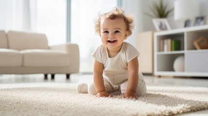 Happy 3-year-old girl enjoying playtime with toys on living room carpet in light beige home outfit