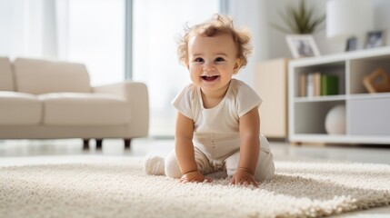 Fototapeta premium Happy 3-year-old girl enjoying playtime with toys on living room carpet in light beige home outfit