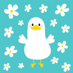 Goose Duck icon. Funny face head. Waving wing hands. Bird, yellow beak. White daisy chamomile flower. Cute cartoon kawaii funny character. Flat design. Greeting card banner template. Blue background.