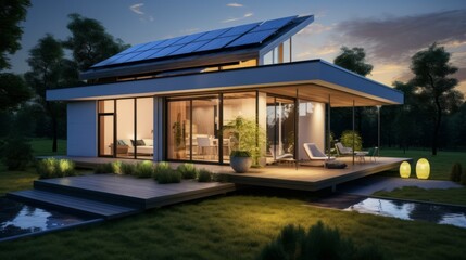 A modern smart home with a roof made of solar panels. Eco-design of a house in the forest, nature.