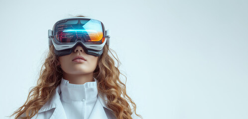 Female caucasian doctor wearing virtual reality glasses isolated on bright white background. Copy space, banner. Innovative technologies