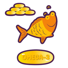 A flat vector illustration of omega 3 vitamins with fish