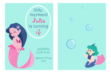 Cute mermaid. Childish invitation. Kids birthday party. Deep ocean princess. Blue marine scenery. Girl with pink fish tail. Card template cartoon flat isolated illustration. Vector illustration