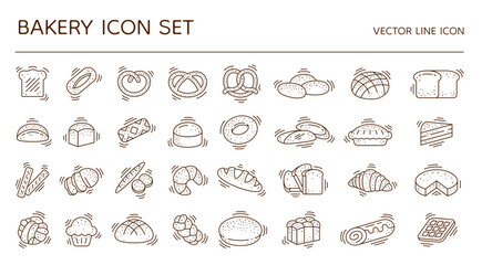 Bread icons. Bakery logo. Line pastry. Bun or loaf. Baking food. Croissant and roll. Sweet cake logotype. Wheat bagel or pretzel. Baguette for toast slices. Vector outline symbols set