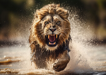 Lion running through water in Kruger National Park, South Africa ; Specie Panthera leo family of Felidae