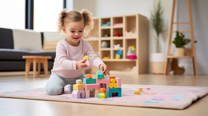 happy 3-year-old girl playing with toys in beige home outfit on living room carpet
