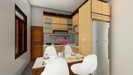 Modern kitchen with wooden details, minimalist interior design, table with stools, 3d illustration