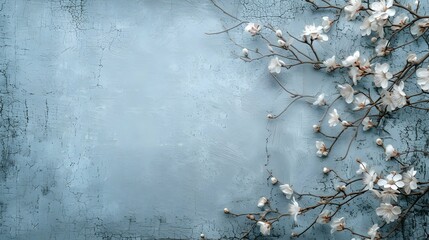 photo wallpaper wallpaper mural card postcard design in the loft classic modern style flower branches on a blue concrete grunge wall 