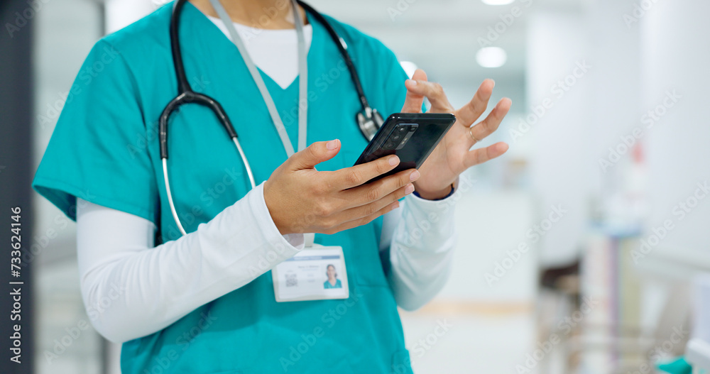 Poster Hands, phone and communication with a nurse scrolling in a hospital closeup for research or networking. Medical, mobile and information with a medicine professional reading a text message in a clinic