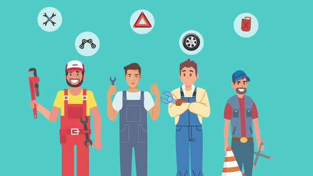 Auto Mechanic Repair men teamwork group with car mechanical icons. Standing with Tools and smiling to camera. Cartoon Animation 