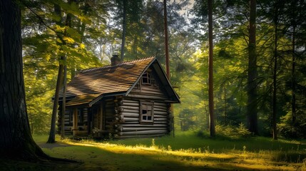 old wooden cabin in the natural autumn forest