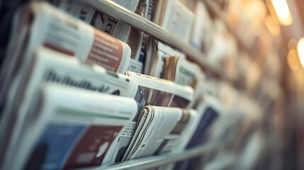 Newspapers, world news information concept, close-up, panoramic - obrazy, fototapety, plakaty