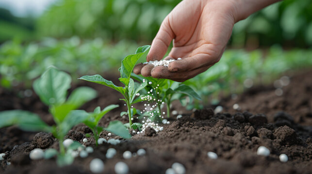 Hand giving synthetic fertilizers to accelerate plant growth