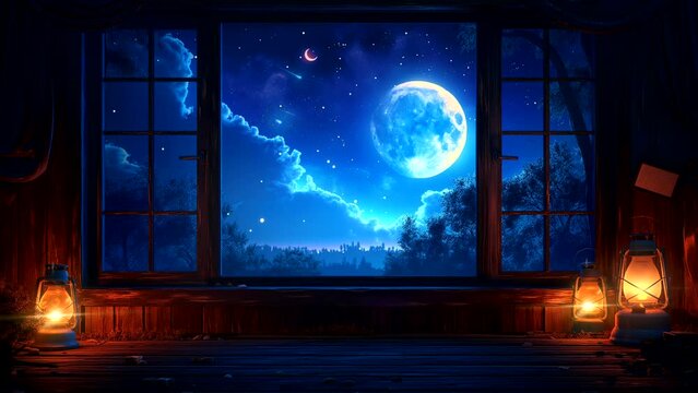 Living room with Ramadan decorations and open window, Ramadan night vibes. seamless looping 4k time-lapse animation video background