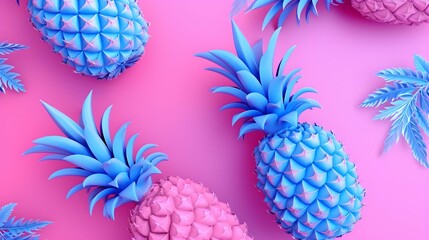 Neon pineapple fruits pattern on pink and blue background. Summer concept 