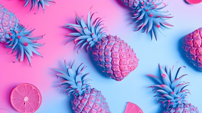 Neon pineapple fruits pattern on pink and blue background. Summer concept 