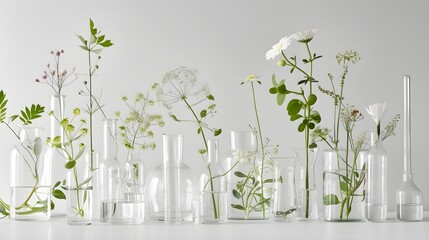 Natural organic botany and scientific glassware - obrazy, fototapety, plakaty