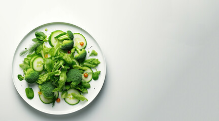 Green vegetables salad in a white plate. Top view. White background. Copy space.