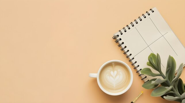 Mockup of weekly planner and coffee cup on beige background, with copy space for text. Flat lay, top view photo mock up.
