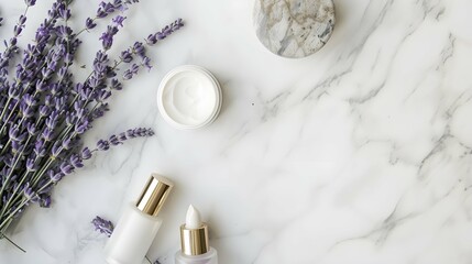 Minimalist Lavender and Cosmetics Flat Lay on Marble