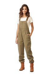 Smiling Farmer Woman in Casual Green Overalls