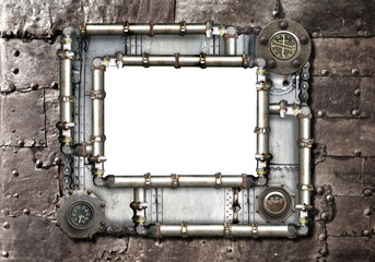 Metallic frame with vintage metal details, pipelines, gear, retro rivets. Mock up template. Copy...