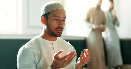 Islam, prayer and man in mosque with faith, mindfulness and gratitude with commitment to faith....