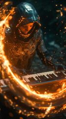 Fire ring magic dances to the tune of a futuristic cyborg pianists keys
