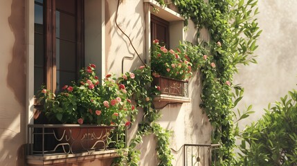 Fototapeta na wymiar Italian balcony with climbing plants and outdoor wall space. 