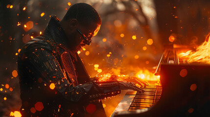 A cyborg pianist playing melodies with fire ring magic foretells the future - obrazy, fototapety, plakaty