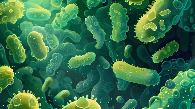 Draw minimalist bacteria cartoons thriving in an abstract environment