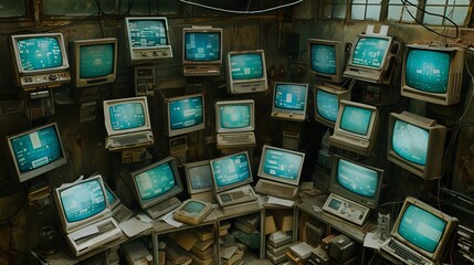 A large number of old computers in a pile