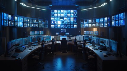Huge room with hundreds of surveillance monitors, on, night, big brother, spy room