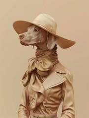 Portrait of dog dressed as a person with a hat, elegant, surrealistic