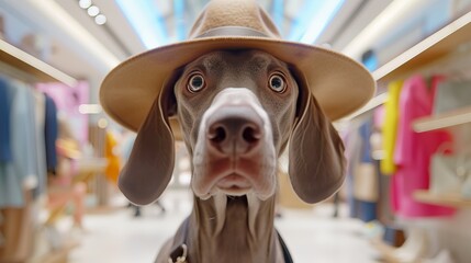 Close-up portrait of dog dressed as person with hat, clothing store background.