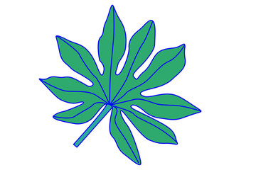 Green palm leaf illustration with blue outlines on white background. Simple botanical drawing. Nature and ecology concept design for print, poster, and educational material