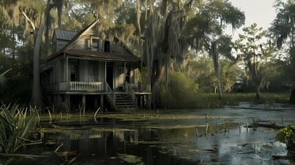 Fototapeta na wymiar Abonded house in natural swamp.