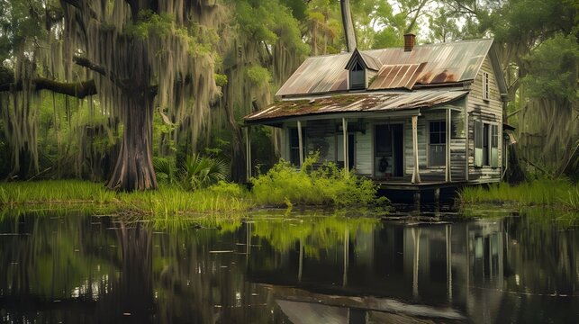 Abonded house in natural swamp.