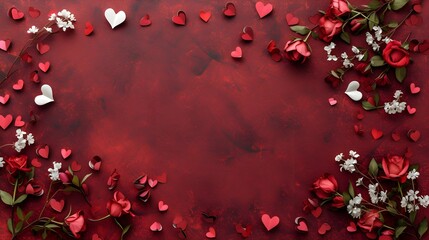 Hearts and flowers decoration on dark red background. Valentines, mothers, womens day, wedding or birthday flat lay banner concept. Top view with copy space.