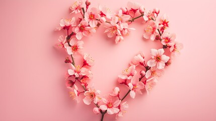 Fototapeta premium Heart made of pink sakura flowers on pink background, flat lay
