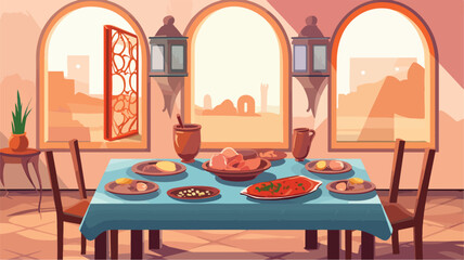 Ramadan meal 2D vector web banner poster.